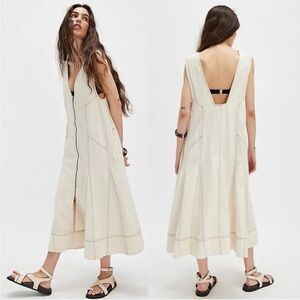 Free People Santino front zip oversized Midi White Denim Maxi Dress size S